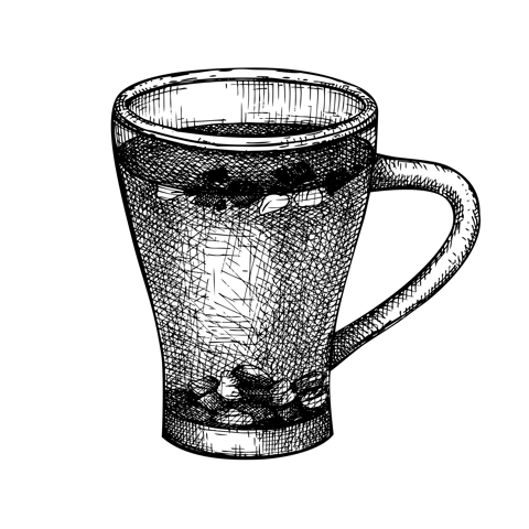 Hand-sketched green tea in a glass mug illustration. Vector sketch of popular tea drink in an elegant cup. Green leaves beverage hand-drawing for bar or restaurant menu design isolated on white
